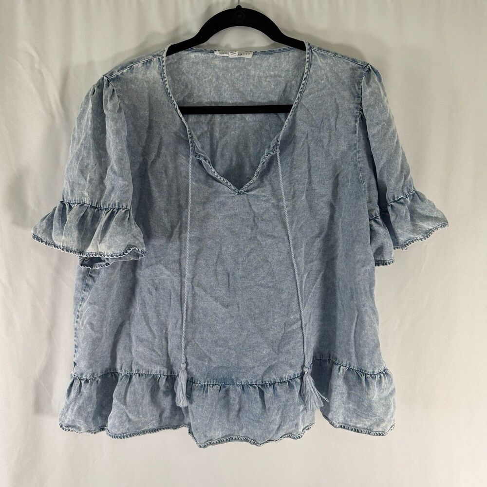 Jane Delancey Blouse Women's XL Blue Short Sleeve Tasseled Vneck Pullover